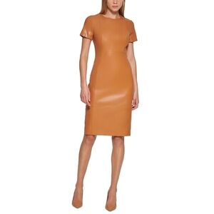 Calvin Klein | Dresses | Calvin Klein Fauxleather Short Sleeve Sheath Dress  Exposed Zip Honey Sz 4 Lg | Poshmark